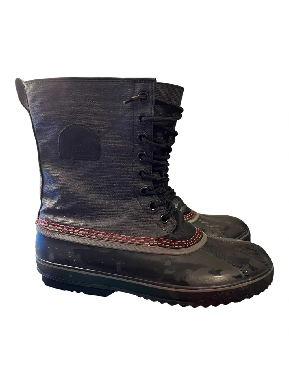 Sorel Black Lace-Up Men's Waterproof Duck Boots with Red Stitching
